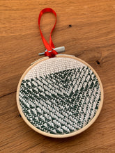 Load image into Gallery viewer, green and white hand woven bamboo Christmas ornament  with a red ribbon