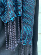 Load image into Gallery viewer, Close up picture of fringe on a blue and black handwoven scarf